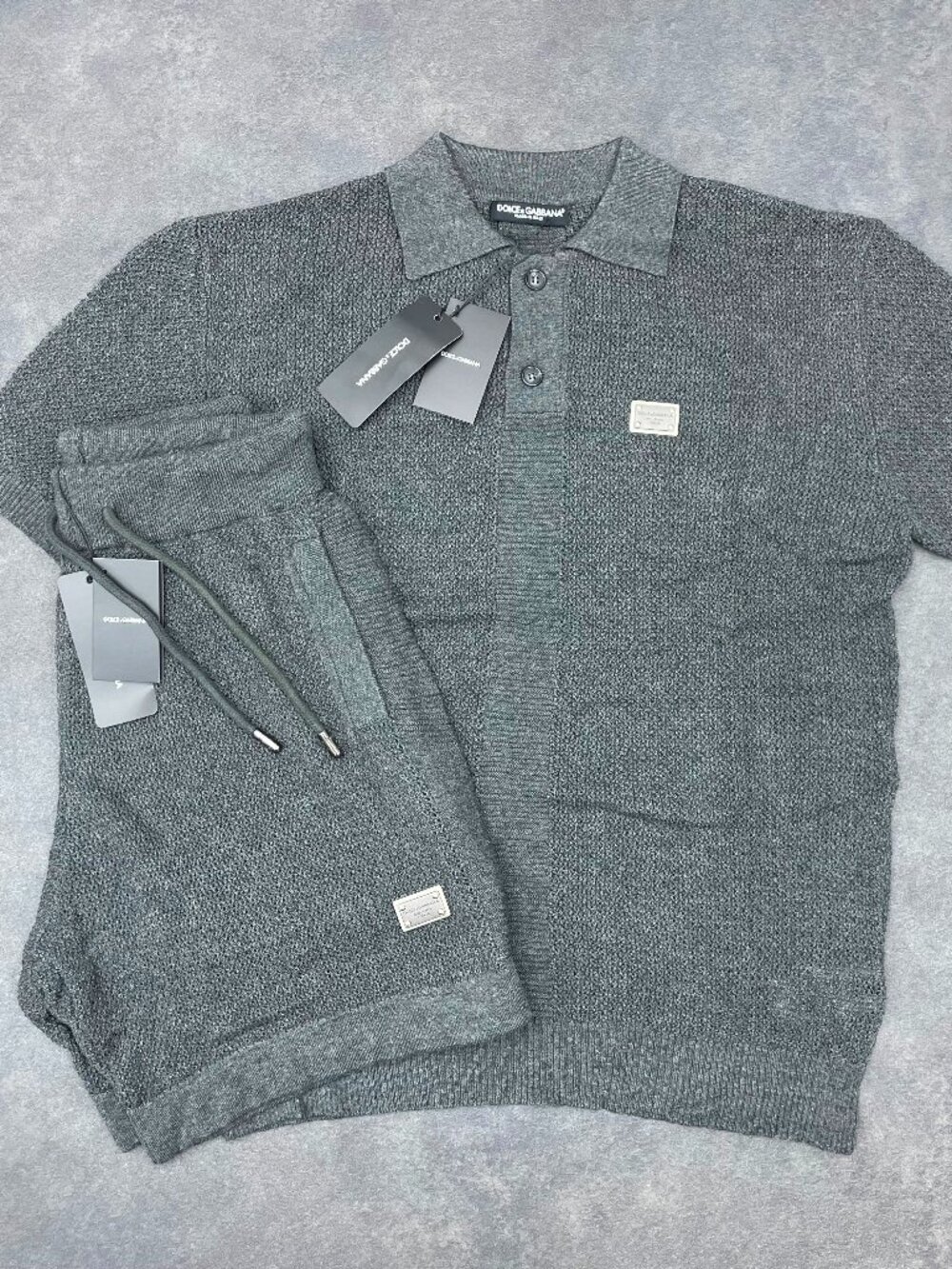 Dolce & Gabbana Men’s Gray Knit Polo Shirt & Shorts Set- Size Large